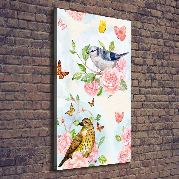 Verticaal schilderij op canvas Vogels, vlinders, rozen