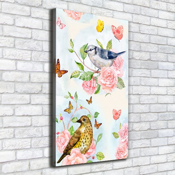 Verticaal schilderij op canvas Vogels, vlinders, rozen