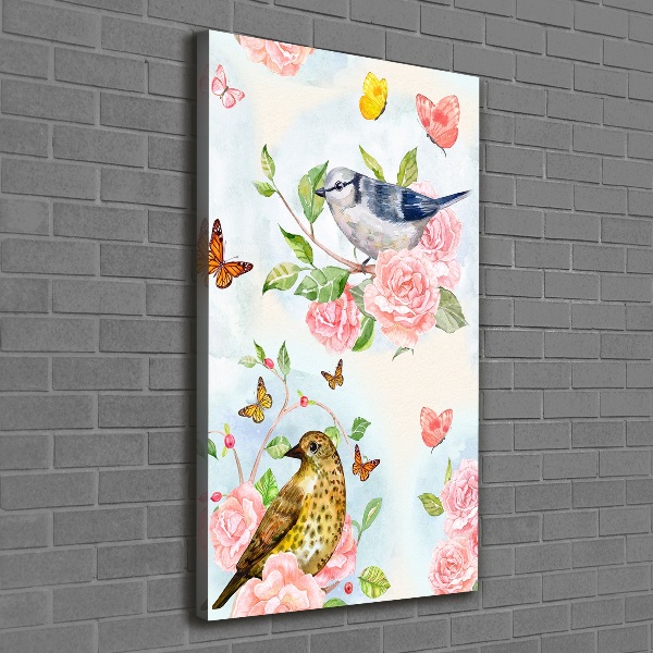 Verticaal schilderij op canvas Vogels, vlinders, rozen