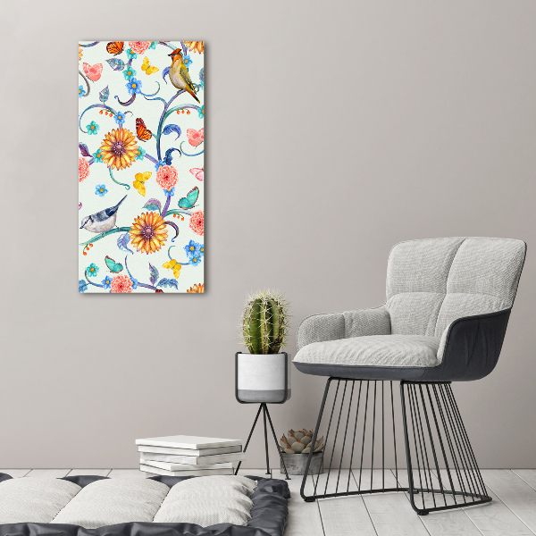 Verticale foto op canvas Vogels, vlinders, bloemen