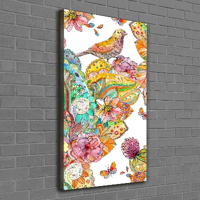 Verticaal canvasschilderij Vogels, vlinders, bloemen