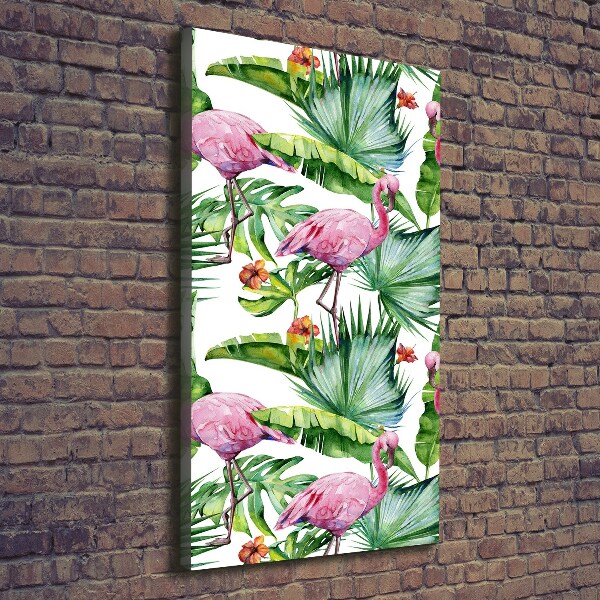 Verticaal canvasschilderij Bladeren en flamingo's