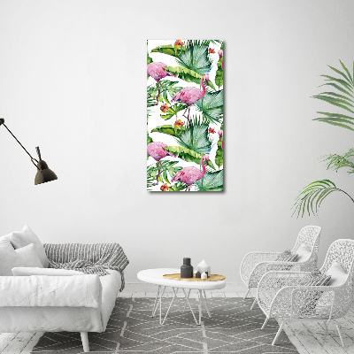 Verticaal canvasschilderij Bladeren en flamingo's
