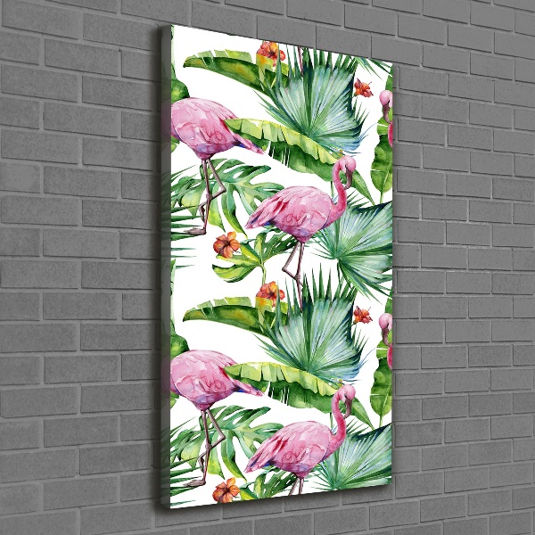 Verticaal canvasschilderij Bladeren en flamingo's