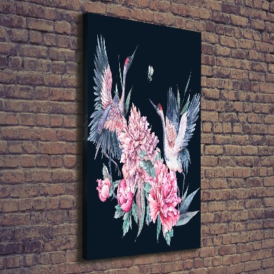 Verticaal schilderij op canvas Kraanvogels en pioenrozen