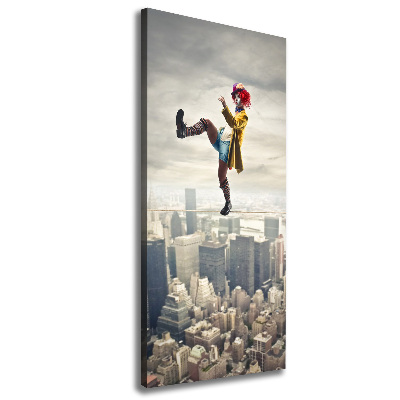 Verticaal canvasschilderij Clown op een strakkoord