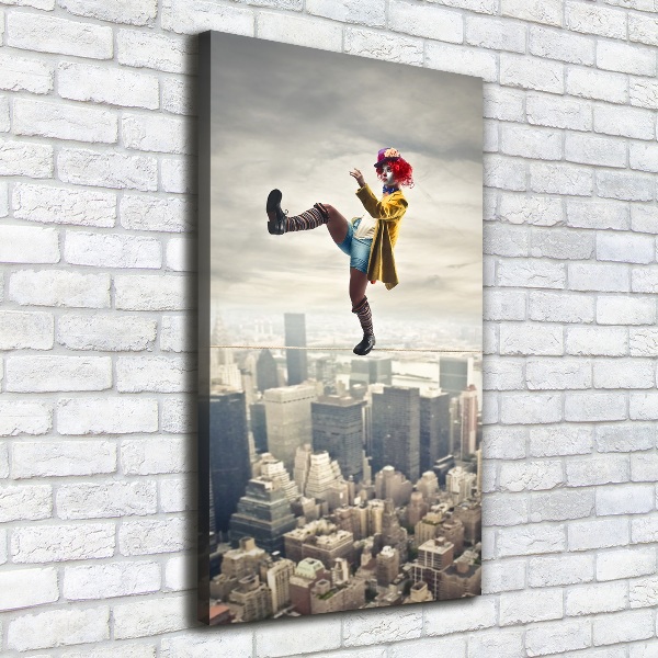 Verticaal canvasschilderij Clown op een strakkoord