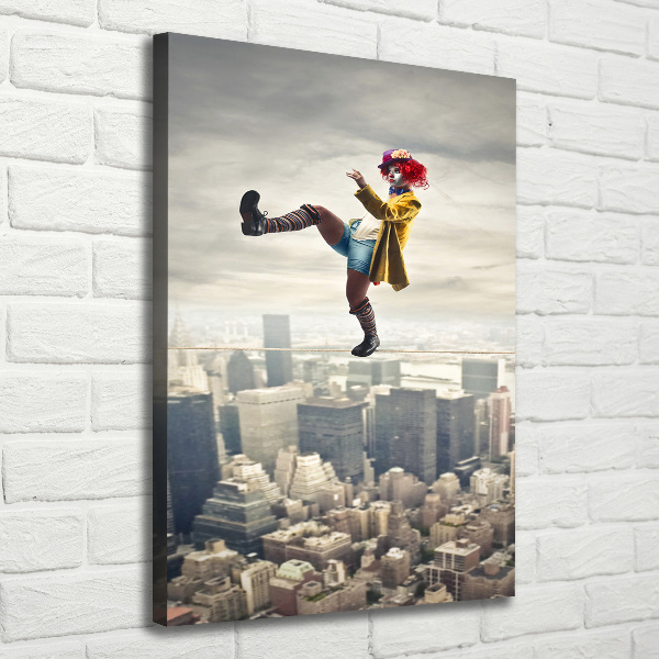 Verticaal canvasschilderij Clown op een strakkoord