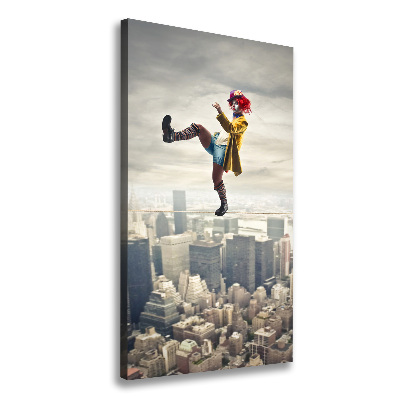 Verticaal canvasschilderij Clown op een strakkoord