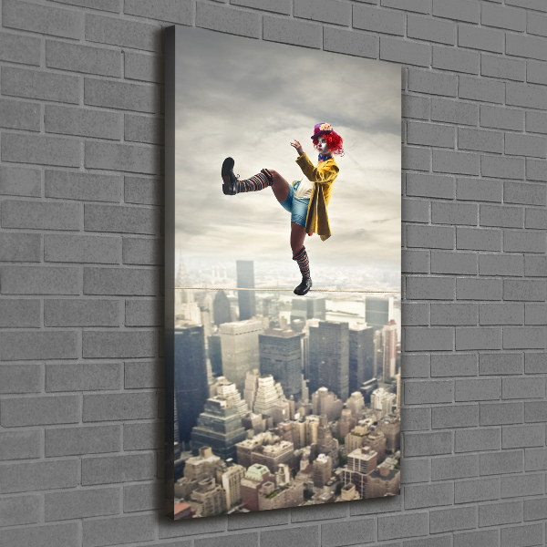 Verticaal canvasschilderij Clown op een strakkoord