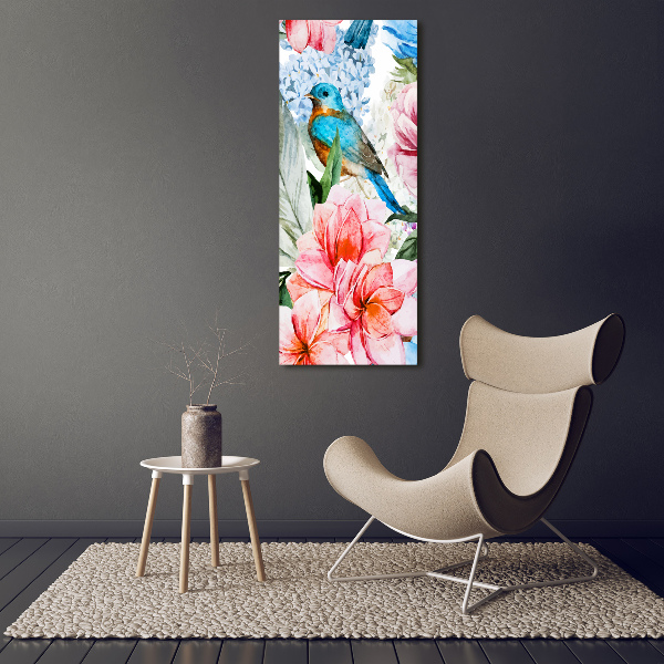 Verticale foto op canvas Bloemen en vogels