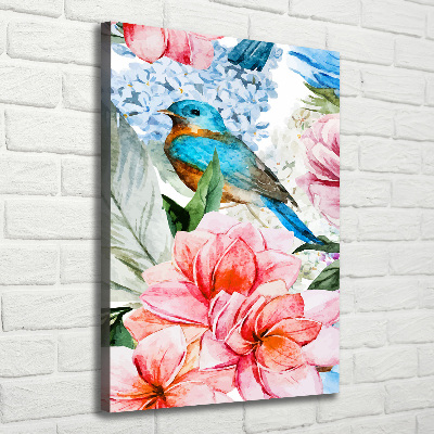 Verticale foto op canvas Bloemen en vogels