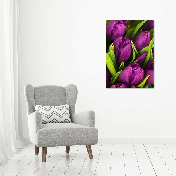 Verticaal schilderij op canvas Paarse tulpen