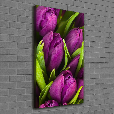 Verticaal schilderij op canvas Paarse tulpen