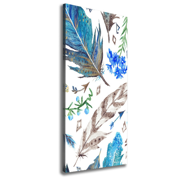 Verticaal schilderij op canvas Veren en bloemen