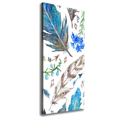 Verticaal schilderij op canvas Veren en bloemen