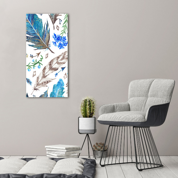 Verticaal schilderij op canvas Veren en bloemen