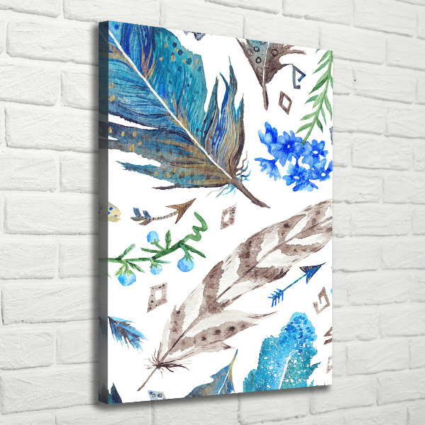 Verticaal schilderij op canvas Veren en bloemen