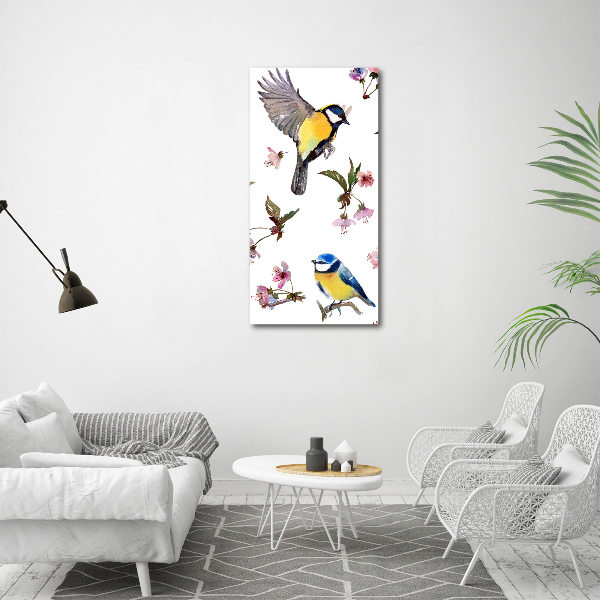 Verticaal canvasschilderij Vogels en bloemen