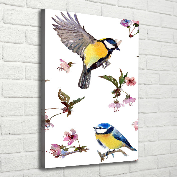 Verticaal canvasschilderij Vogels en bloemen