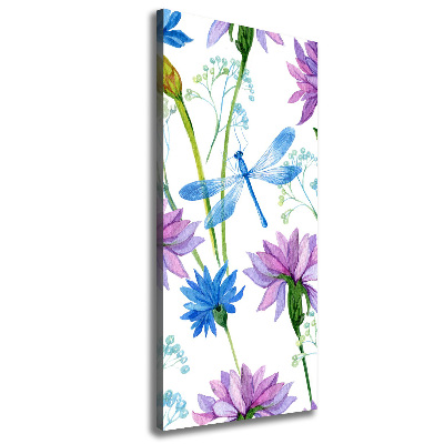 Verticaal canvasschilderij Bloemen en libellen
