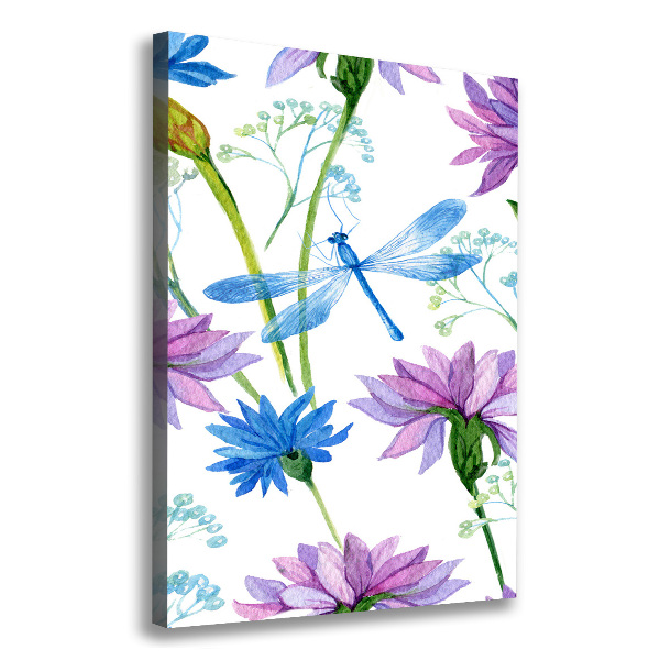 Verticaal canvasschilderij Bloemen en libellen