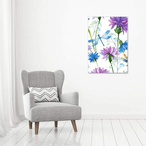 Verticaal canvasschilderij Bloemen en libellen
