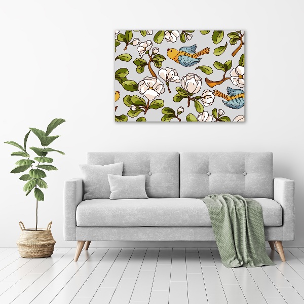 Foto schilderij op glas Bloemen en vogels