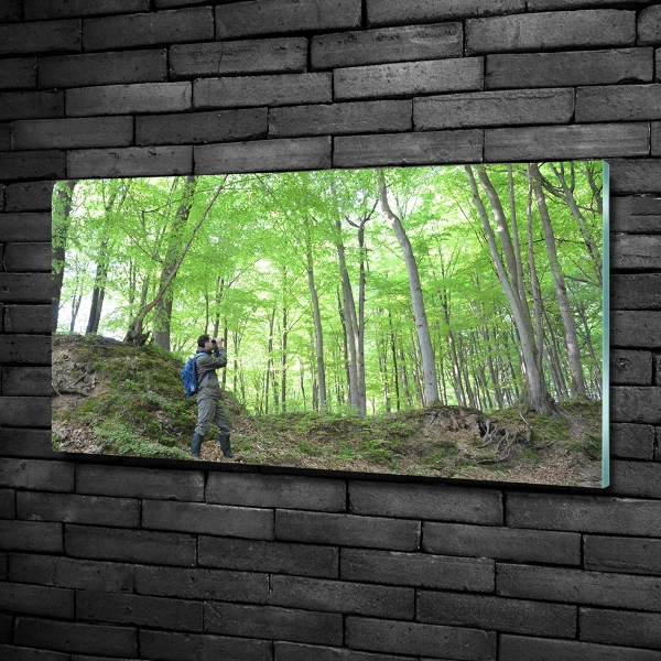 Glazen schilderij Ornitholoog in het bos