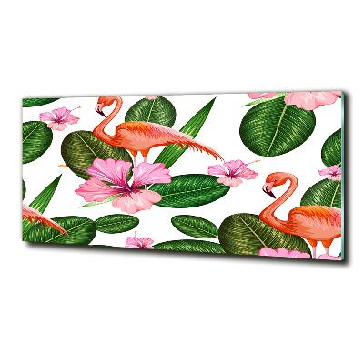 Glazen schilderij Flamingo's en planten