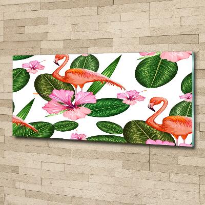 Glazen schilderij Flamingo's en planten