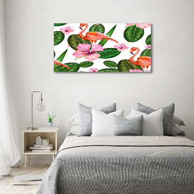 Glazen schilderij Flamingo's en planten