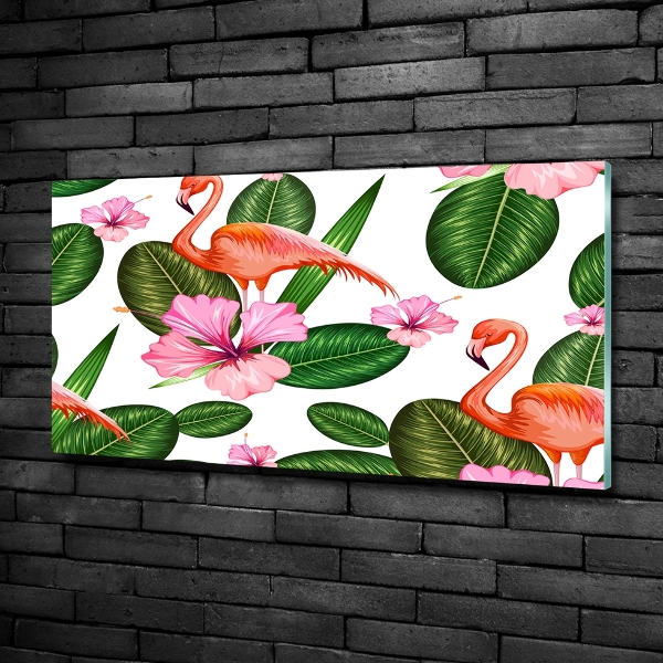 Glazen schilderij Flamingo's en planten