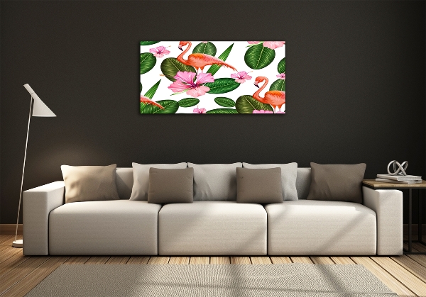 Glazen schilderij Flamingo's en planten