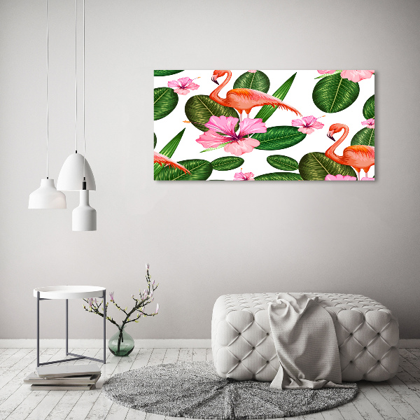 Glazen schilderij Flamingo's en planten