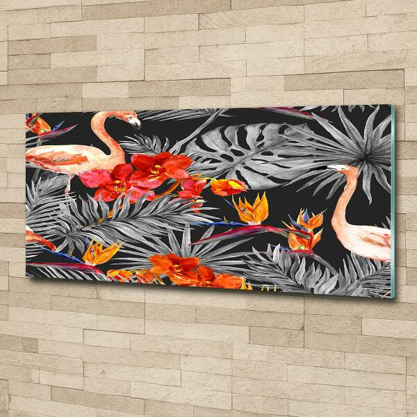 Glazen schilderij Flamingo's en bloemen