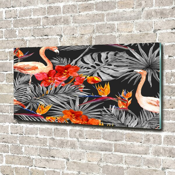 Glazen schilderij Flamingo's en bloemen