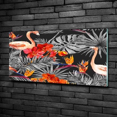 Glazen schilderij Flamingo's en bloemen