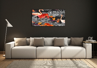 Glazen schilderij Flamingo's en bloemen