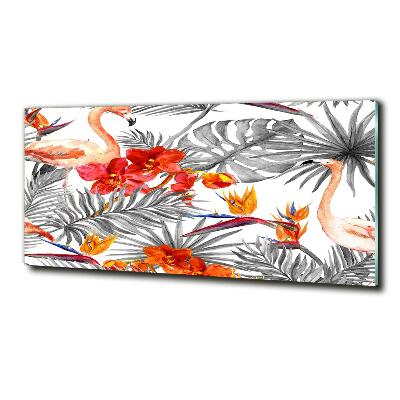 Foto schilderij op glas Flamingo's en bloemen