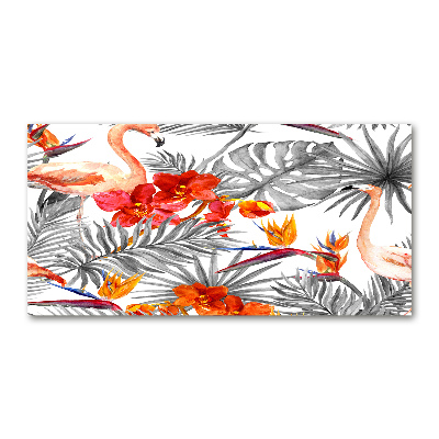 Foto schilderij op glas Flamingo's en bloemen