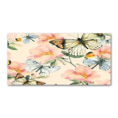Glazen schilderij Vlinders en bloemen