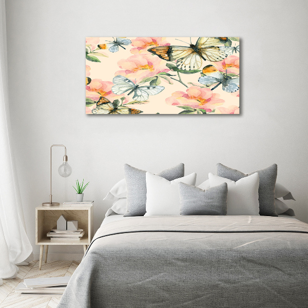 Glazen schilderij Vlinders en bloemen