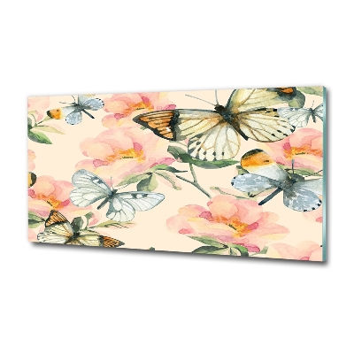 Glazen schilderij Vlinders en bloemen