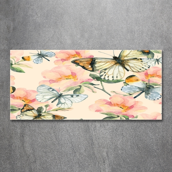 Glazen schilderij Vlinders en bloemen