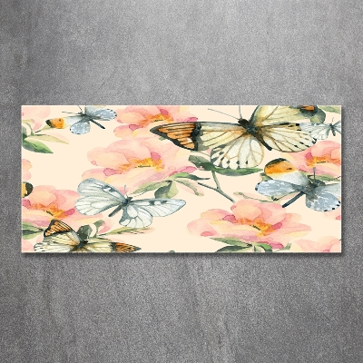 Glazen schilderij Vlinders en bloemen