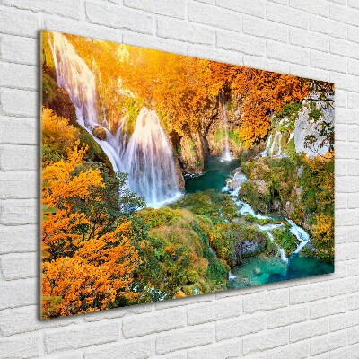 Schilderij op glas Waterval in de herfst