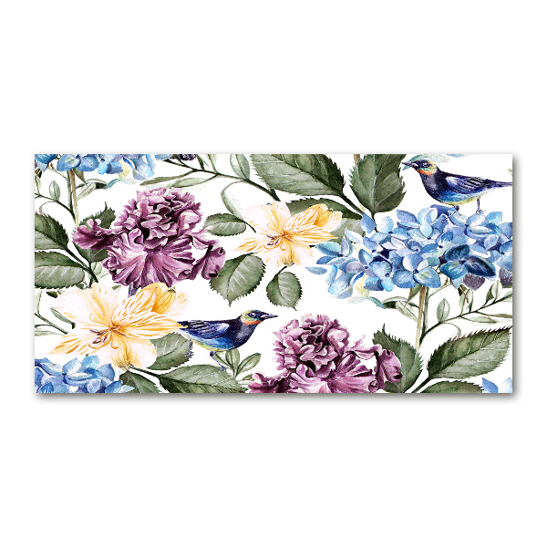 Schilderij glas Bloemen en vogels