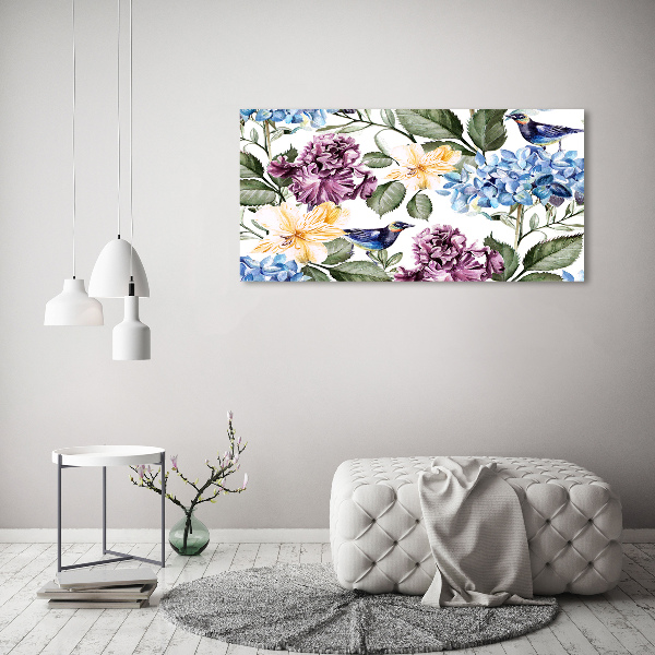 Schilderij glas Bloemen en vogels