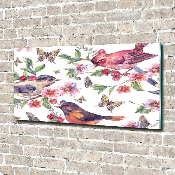 Glazen schilderij Vogels, vlinders, kersen